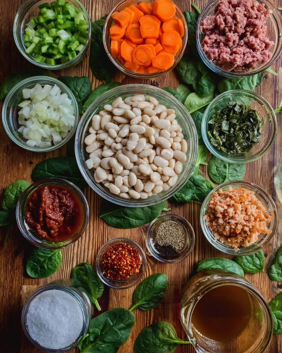 The image shows multiple small clear glass bowls arranged on a wooden surface with green spinach leaves scattered underneath. At the center is a bowl filled with white beans. Surrounding it are small bowls with different ingredients: chopped white onions, sliced orange carrots, chopped green celery, ground black pepper, red sauce, minced garlic, dried red pepper flakes, and ground meat. There is also a small glass jar with white salt and a clear glass with brown broth at the bottom. Photo taken with an iphone --ar 4:5 --v 7
