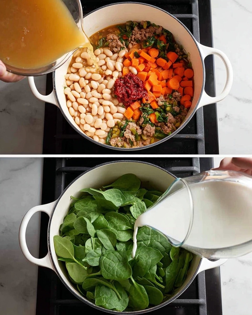 The image shows two scenes in a white pot on a stove with a black cooktop and a white marbled background. In the top scene, a woman's hand pours light brown broth into the pot filled with white beans, chopped orange carrots, small chunks of cooked meat, some green leafy bits, and a dollop of red paste in the center. In the bottom scene, fresh green spinach leaves fill the pot on top of a mix of beans and cooked ingredients, while a woman's hand pours a thick white liquid over the spinach. Photo taken with an iphone --ar 4:5 --v 7