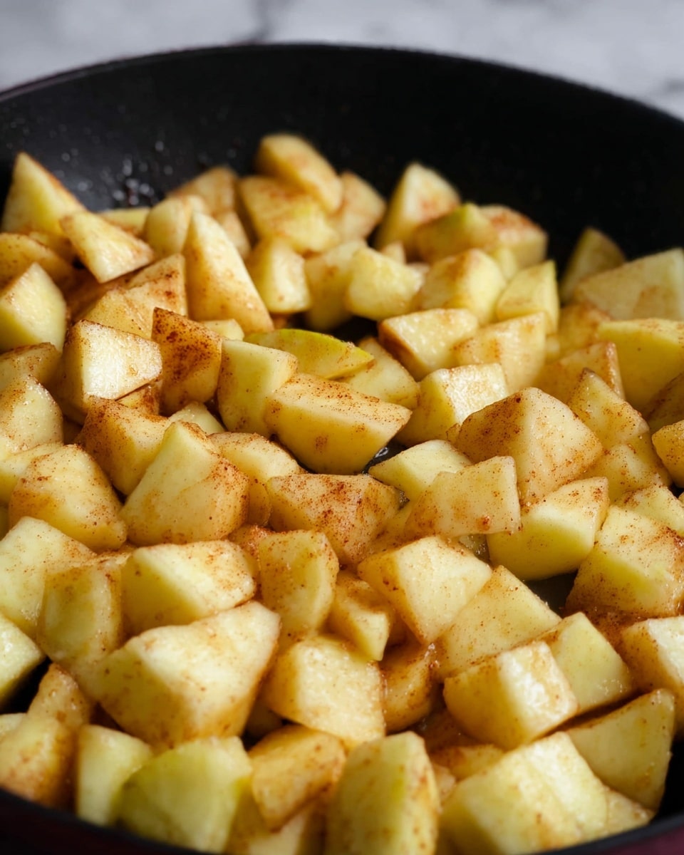 The image shows a close-up of many small pieces of cooked apples in a black pan. The apple pieces are light yellow with brown specks from cinnamon, giving them a warm, slightly speckled look. The apples are cut into uneven small chunks, filling the pan with layers of soft, slightly glossy fruit. The background is a white marbled texture. Photo taken with an iphone --ar 4:5 --v 7