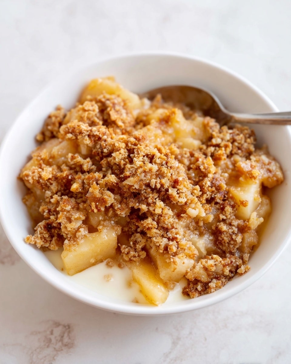 A white bowl filled with a layered dessert consisting of golden brown crumbly topping with a rough texture sitting on top of soft, cooked apple pieces that are light yellow with a slightly translucent look. Beneath the apple and crumb layer, there is a small amount of creamy, white liquid pooling at the bottom of the bowl. A silver spoon is partially visible inside the bowl on the right side, slightly lifting the dessert. The bowl is placed on a surface with a white marbled texture. photo taken with an iphone --ar 4:5 --v 7