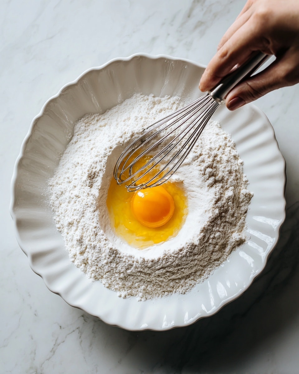 A white scalloped bowl sits on a white marbled surface, filled with a thick layer of white flour surrounding a single raw egg yolk and clear egg white in the center. A woman's hand holds a metal whisk above the bowl, poised to mix the ingredients. The flour is fine and powdery, forming a ring around the smooth, shiny yolk which has a bright yellow-orange color, and the egg white spreads slightly into the flour. The scene is lit softly, highlighting the textures of the flour and the glossy egg yolk. photo taken with an iphone --ar 4:5 --v 7