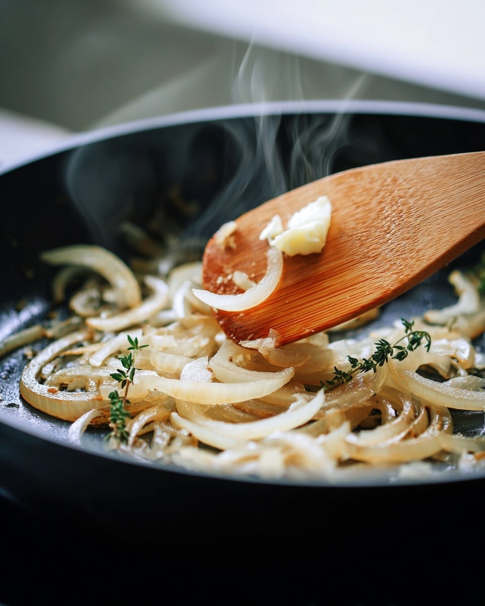 A black pan is shown with sliced onions being cooked, slightly translucent with light brown edges, and small sprigs of thyme scattered among them. A wooden spatula is adding a small piece of melting white butter to the pan. The background has a soft blur and the scene is bright with natural lighting, steam gently rising from the pan. Photo taken with an iphone --ar 4:5 --v 7
