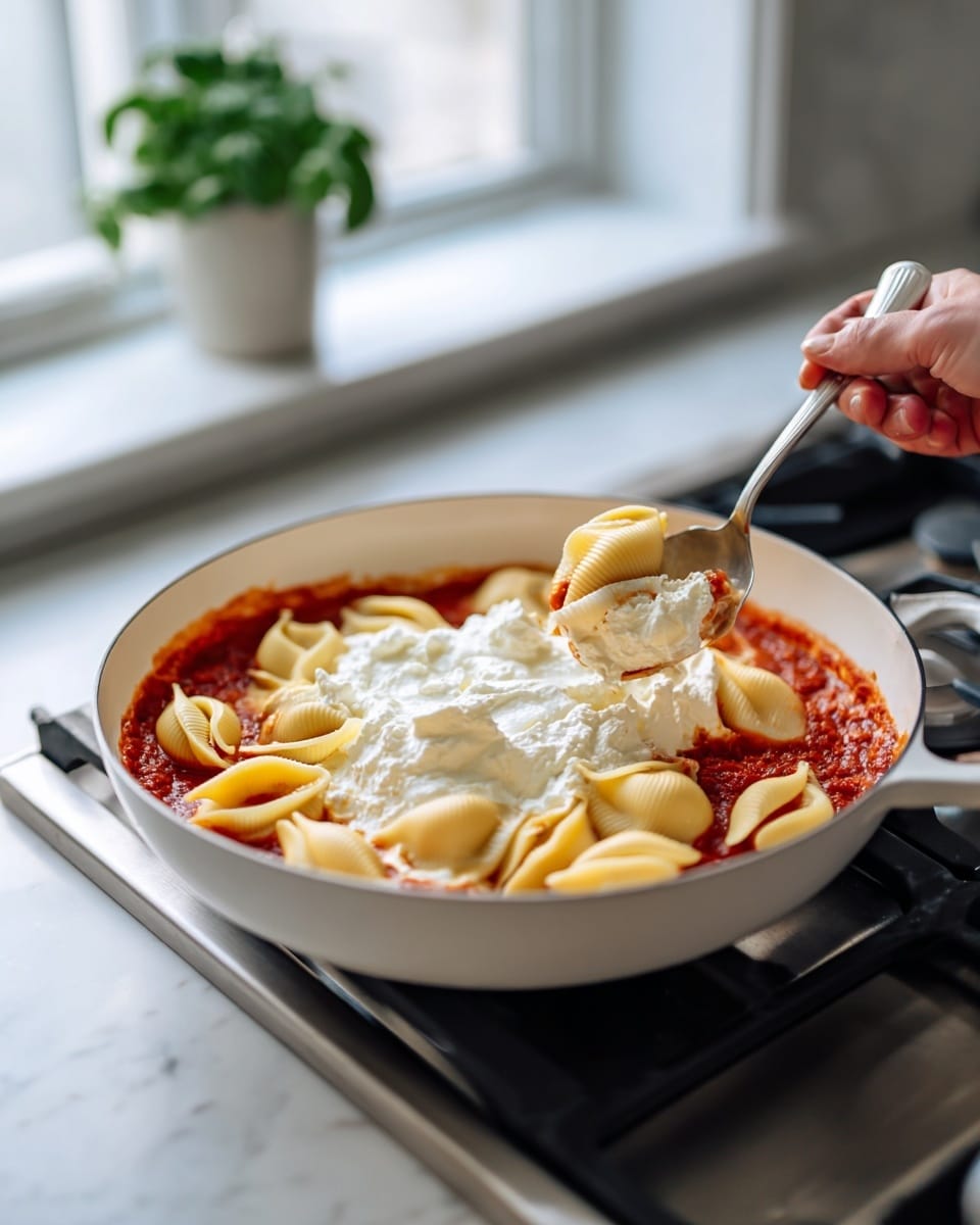 A white pan sits on a gas stove with a white marbled counter beneath it. Inside the pan, there are three visible layers: the bottom layer is a thick red tomato sauce with a chunky texture, the middle layer consists of large shell pasta pieces that are creamy yellow and smooth, placed unevenly on the sauce, and the top layer being scoops of white ricotta cheese in the center being held by a spoon in a woman's hand, mixing gently with one shell pasta on top. The background shows a window with soft light coming through and a small green plant blurred in the back. Photo taken with an iphone --ar 4:5 --v 7