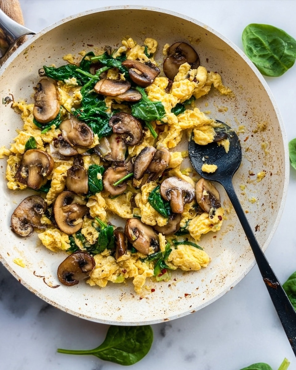A white pan with scrambled eggs mixed with sautéed brown mushroom slices and green spinach leaves, the eggs are soft and slightly yellow with a fluffy texture, and the mushrooms have a smooth, shiny surface. The pan is resting on a white marbled surface with some spinach leaves around it, and a black spoon is inside the pan on the right side, partly covered with some eggs and mushrooms. Photo taken with an iphone --ar 4:5 --v 7