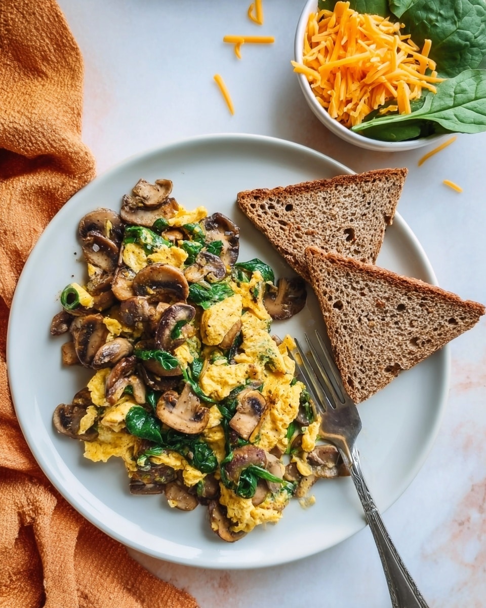 A white plate holds a serving of scrambled eggs mixed with sautéed spinach and sliced brown mushrooms, creating a mix of yellow, green, and light brown colors with a soft and slightly fluffy texture. Two triangular pieces of whole grain toast with visible seeds sit stacked on one side of the plate, adding a rough, crunchy texture in a dark brown color. A silver fork rests on the right side of the plate, partially touching the eggs. In the background, there is a small white bowl filled with shredded orange cheese and some fresh green spinach leaves placed on a white marbled surface, with a soft folded orange cloth nearby. Photo taken with an iphone --ar 4:5 --v 7