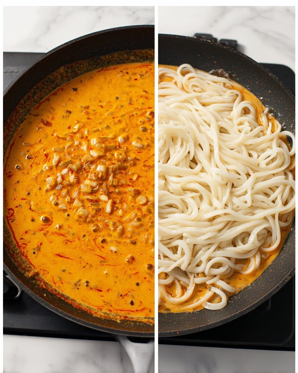 The left side shows a black frying pan with an orange sauce bubbling inside, containing small bits of finely chopped onions and spices throughout the thick, creamy sauce layer that covers the entire base. On the right side, the same pan is half filled with the orange sauce on the left and plain white udon noodles piled on the right, with the thick sauce partially covering some noodles near the center. The pan sits on a stove with a clean white marbled surface visible around it. photo taken with an iphone --ar 4:5 --v 7