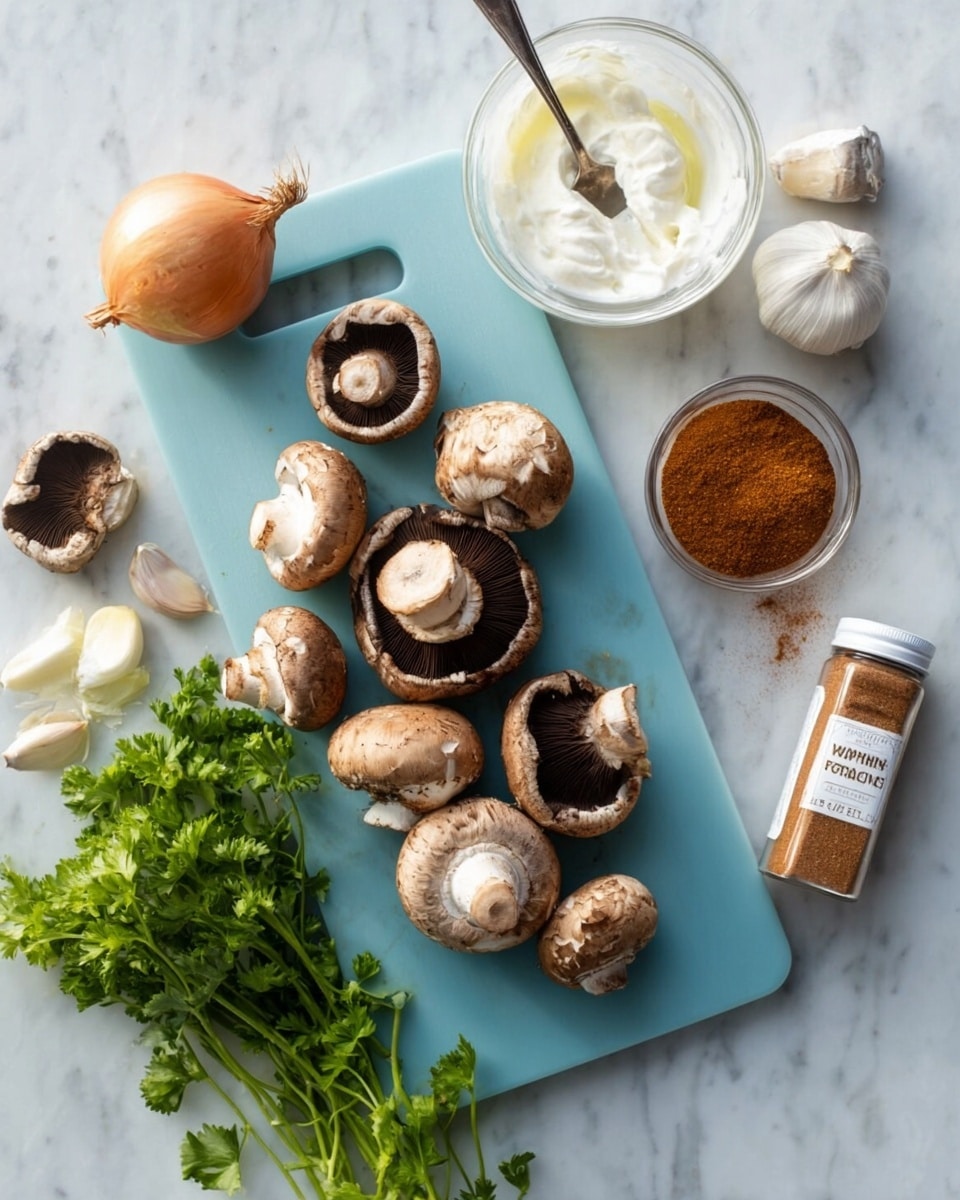 A light blue cutting board lays on a white marbled surface, holding several mushrooms of different sizes and types, some whole and some halved showing dark gills inside. Around it are loose ingredients including a brown onion, a bunch of curly parsley, a few garlic cloves, a small old aluminum foil cube with olive oil, and a transparent container of smoked paprika. A clear glass bowl with a spoon full of white creamy substance is placed near the top of the frame. Photo taken with an iphone --ar 4:5 --v 7