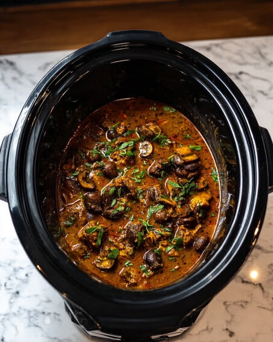 A black slow cooker filled with a rich, brown stew containing chunks of cooked mushrooms and herbs scattered on top. The stew has a thick texture and a warm, slightly glossy surface. The slow cooker is set on a white marbled surface, with deep black handles visible on the sides. Photo taken with an iphone --ar 4:5 --v 7