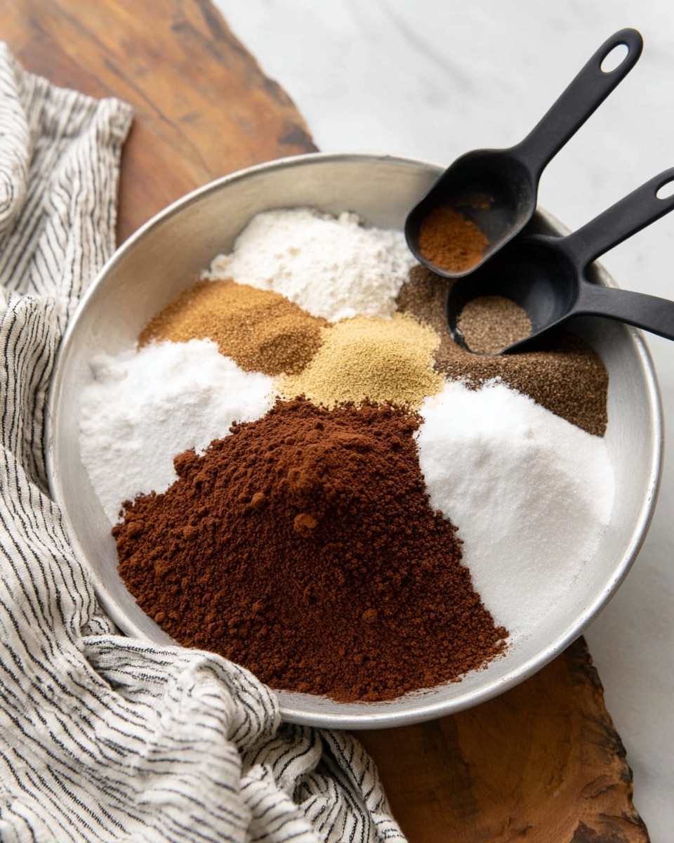 A white metal bowl sits on a white marbled surface holding seven piles of dry ingredients. The largest pile in the front is dark brown cocoa powder with a soft, powdery texture. Around it are layers of fine white flour, Granulated white sugar, light yellow ginger powder, dark brown cinnamon powder, finely ground black spice, and another white powder that looks like baking soda or salt. Two black measuring spoons rest in the bowl with one spoon partially sunk in the sugar and the other near the edge of the flour. A striped white and gray cloth is draped beside the bowl. Photo taken with an iphone --ar 4:5 --v 7