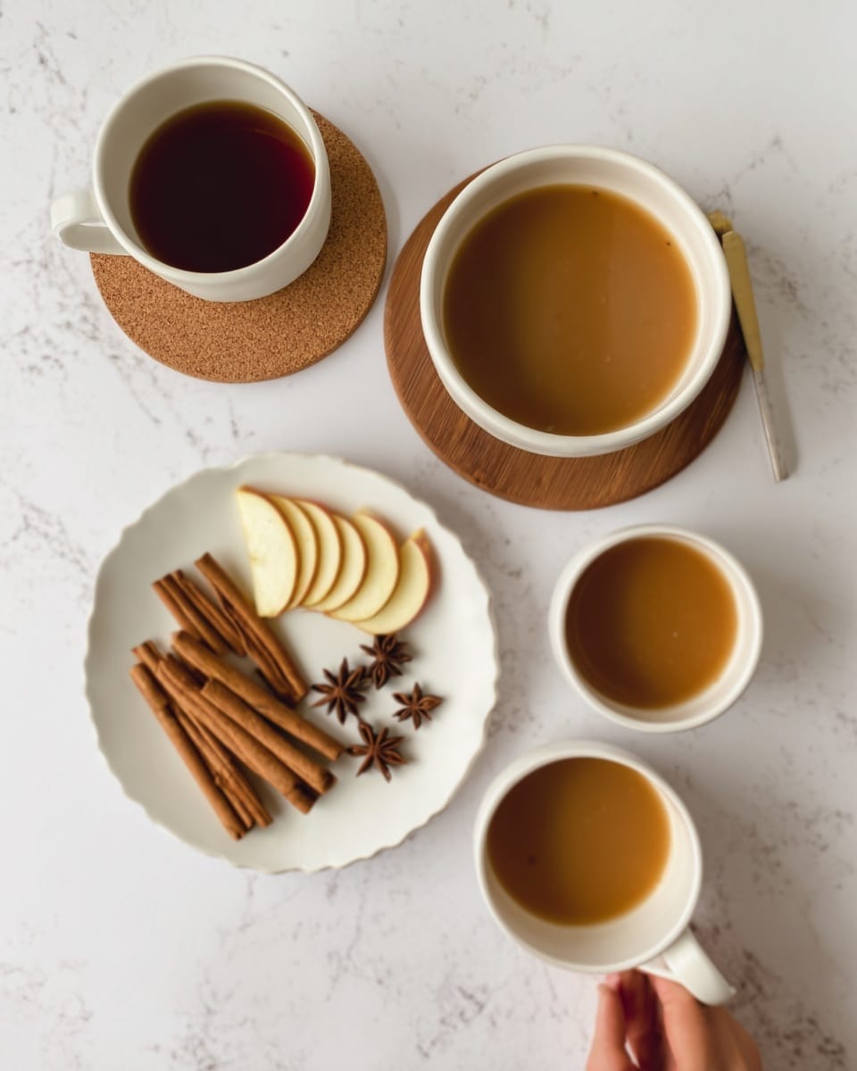 The image shows four white bowls and plates arranged on a white marbled surface. One large white bowl, positioned on a small wooden board, is filled with a smooth brown liquid, with apple slices and star anise placed next to it on the board. Near the top left, there is a white cup with dark brown liquid inside, resting on a small round cork coaster. To the right of this cup, a smaller white bowl holds light brown liquid. At the bottom left, a white scalloped plate contains several cinnamon sticks arranged parallel. A woman's hand holds the white cup with the dark liquid. The scene is bright and simple with natural colors and textures. Photo taken with an iphone --ar 4:5 --v 7