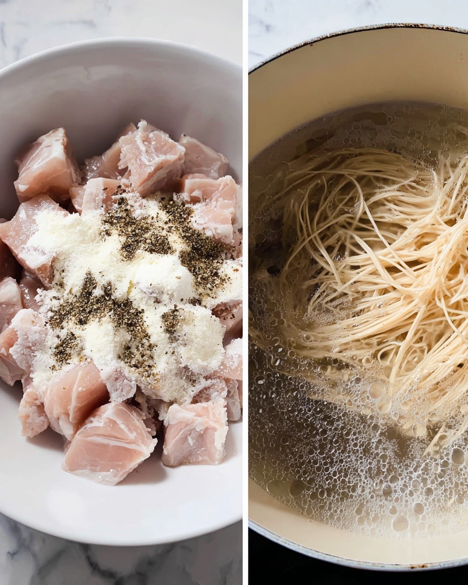 The first image shows raw pieces of light pink meat placed inside a white bowl, layered with a mix of white powder and dark ground spices evenly sprinkled over the meat, creating a contrast between the pale meat and the speckled seasoning. The second image shows a white pot with boiling water where light beige thin noodle strands are being cooked, partially submerged and swirling in the clear, bubbling water. The scene has a clean, simple look with a white marbled texture background. photo taken with an iphone --ar 4:5 --v 7