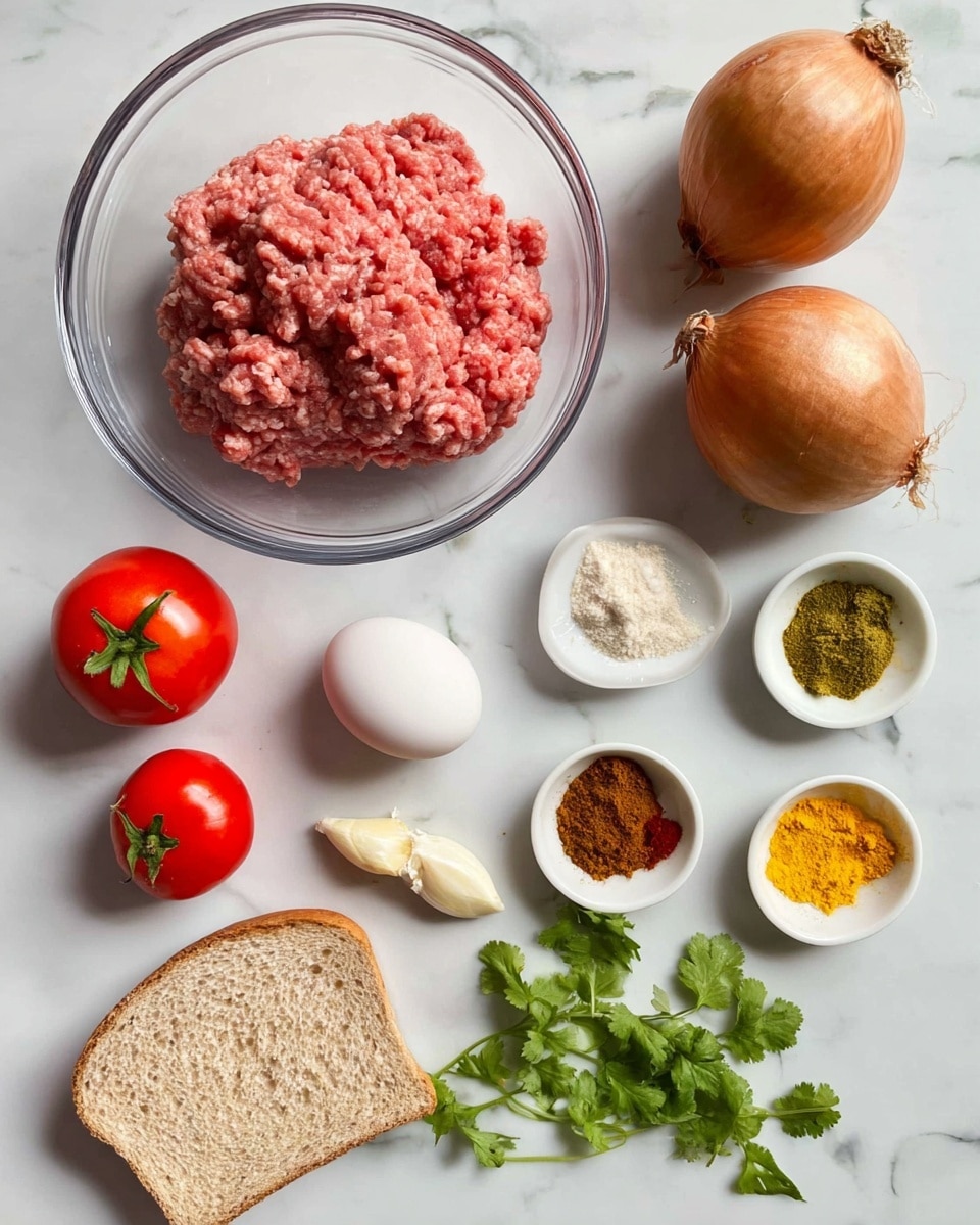 The image shows a clear glass bowl filled with raw ground meat that is pink with a slightly coarse texture, placed on a white marbled surface. Near the bowl, there is a single slice of brown bread resting flat. Around them, various ingredients are arranged: two whole brown onions with papery skin, two red tomatoes with green stems attached, a white egg, a whole head of garlic, a small piece of light brown ginger root, and two small green chili peppers. There are also small white ceramic dishes with different spices in powders of yellow, red, brown, and white colors, as well as fresh green cilantro leaves and a pale yellow powder on the side. The woman's hand is not visible but the arrangement suggests readiness for cooking. Photo taken with an iphone --ar 4:5 --v 7