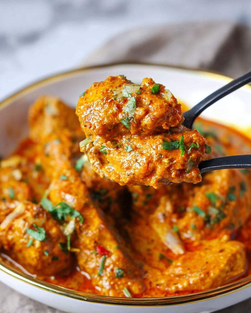 The image shows a close-up of a rich, orange-red curry dish served in a white bowl with a gold rim. The curry has thick, chunky pieces that are covered in a textured sauce with visible bits of chopped onions, tomatoes, and green herbs sprinkled on top. A black spoon is lifting two pieces of the curry from the bowl, showing the moist texture with the sauce clinging to it. The background is soft and out of focus with a white marbled surface under the bowl, adding a clean and simple look. Photo taken with an iphone --ar 4:5 --v 7