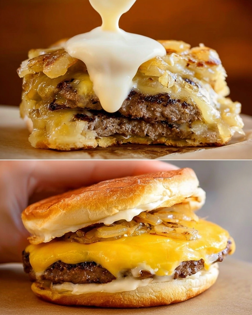 The image shows a close-up view of a sandwich with two layers of browned patties stacked on top of a white bun bottom. Each patty is covered with melted yellow cheese that stretches slightly on the edges. Small pieces of light brown grilled onions sit on top of the cheese. A white creamy sauce is being poured over the onions from above by a woman's hand. The sandwich is resting on a light tan surface. The second part of the image shows a woman's hand holding the sandwich with the top bun lifted slightly to reveal the melted yellow cheese and patties inside. The background is blurred and warm-toned. photo taken with an iphone --ar 4:5 --v 7