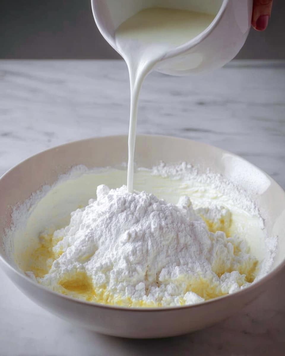 A white bowl is filled with a mix of different white and light yellow powders and liquids, showing layers of powdery texture on top and some thicker liquid being poured in from above. The powder looks soft and fluffy, covering most of the bowl's inside, with some shiny, smooth liquid visible at the edges and a bit pooling near the bottom. The bowl sits on a white marbled surface with a soft light highlighting the textures. Photo taken with an iphone --ar 4:5 --v 7