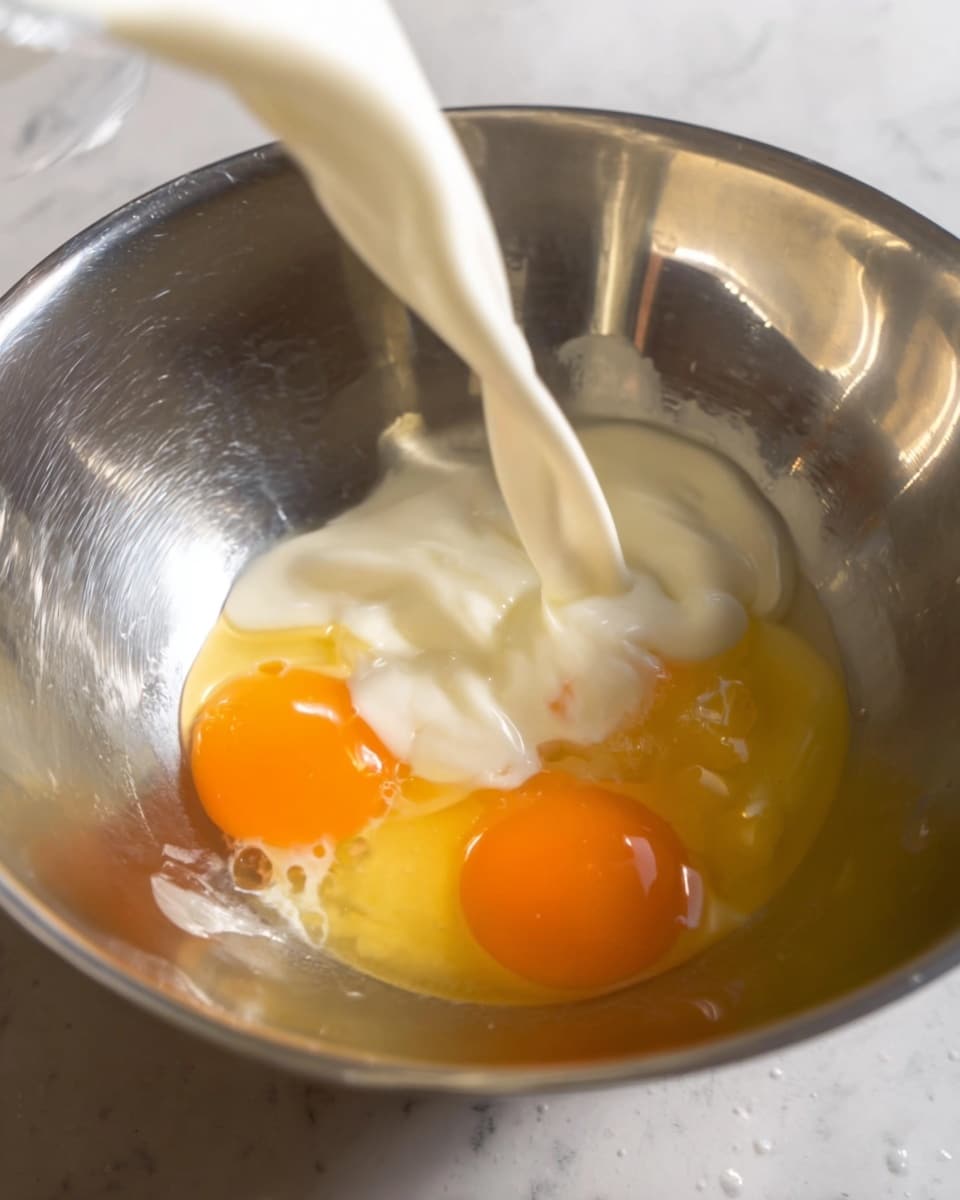 In a shiny metal bowl, two raw eggs with bright orange yolks sit on the bottom, surrounded by clear, slightly thick egg whites. A thick white liquid is being poured in from above, mixing with the eggs, creating a swirling effect where the white liquid softens into the yellow and clear layers below. The inside of the bowl reflects light softly, showing a bit of texture. The background is a white marbled texture. photo taken with an iphone --ar 4:5 --v 7