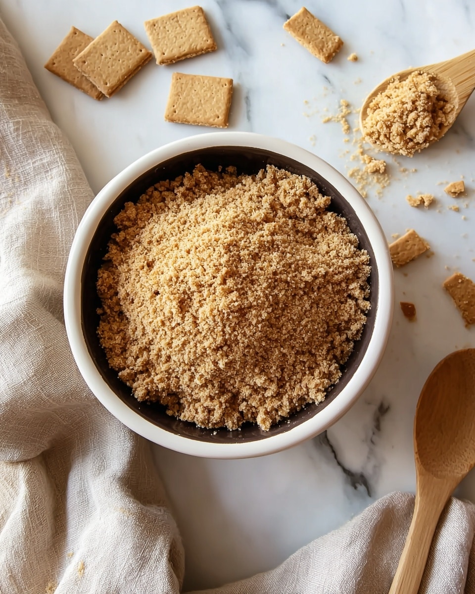 The image shows a single white bowl filled with light brown crumbly mixture that looks like crushed crackers or crumbs. The crumbs have a rough texture and fill the bowl almost to the top. Around the bowl, there are small rectangular pieces of whole crackers scattered on a white marbled surface. To the right side, there is a wooden spoon with some crumbs on it resting on a light beige cloth. A woman's hand is not visible but implied by the spoon placement. The scene has a soft, natural light and a cozy feel. Photo taken with an iphone --ar 4:5 --v 7