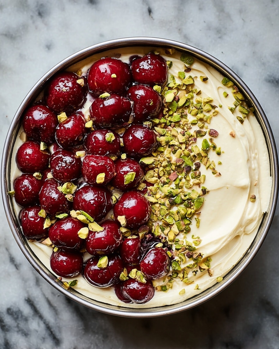 A round metal pan holds a creamy white cheesecake layer as the base. On top, the cheesecake is decorated with two sections: one half covered with smooth, shiny red cherries, and the other half sprinkled with chopped green pistachios, adding a crunchy texture. The cream looks thick and soft with slight swirls around the edges. The pan sits on a white marbled surface. photo taken with an iphone --ar 4:5 --v 7