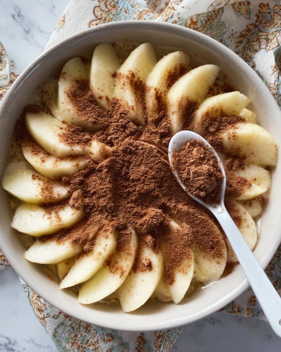 A round white bowl filled with thin slices of pale yellow fruit arranged in a circular pattern, radiating outward from the center in two neat layers. On top of the fruit slices, there is a generous sprinkle of a dark brown powdery substance, some of which is also held in a white spoon positioned on the right side of the bowl. The bowl is placed on a white marbled surface with a patterned cloth partially visible around it. Photo taken with an iphone --ar 4:5 --v 7