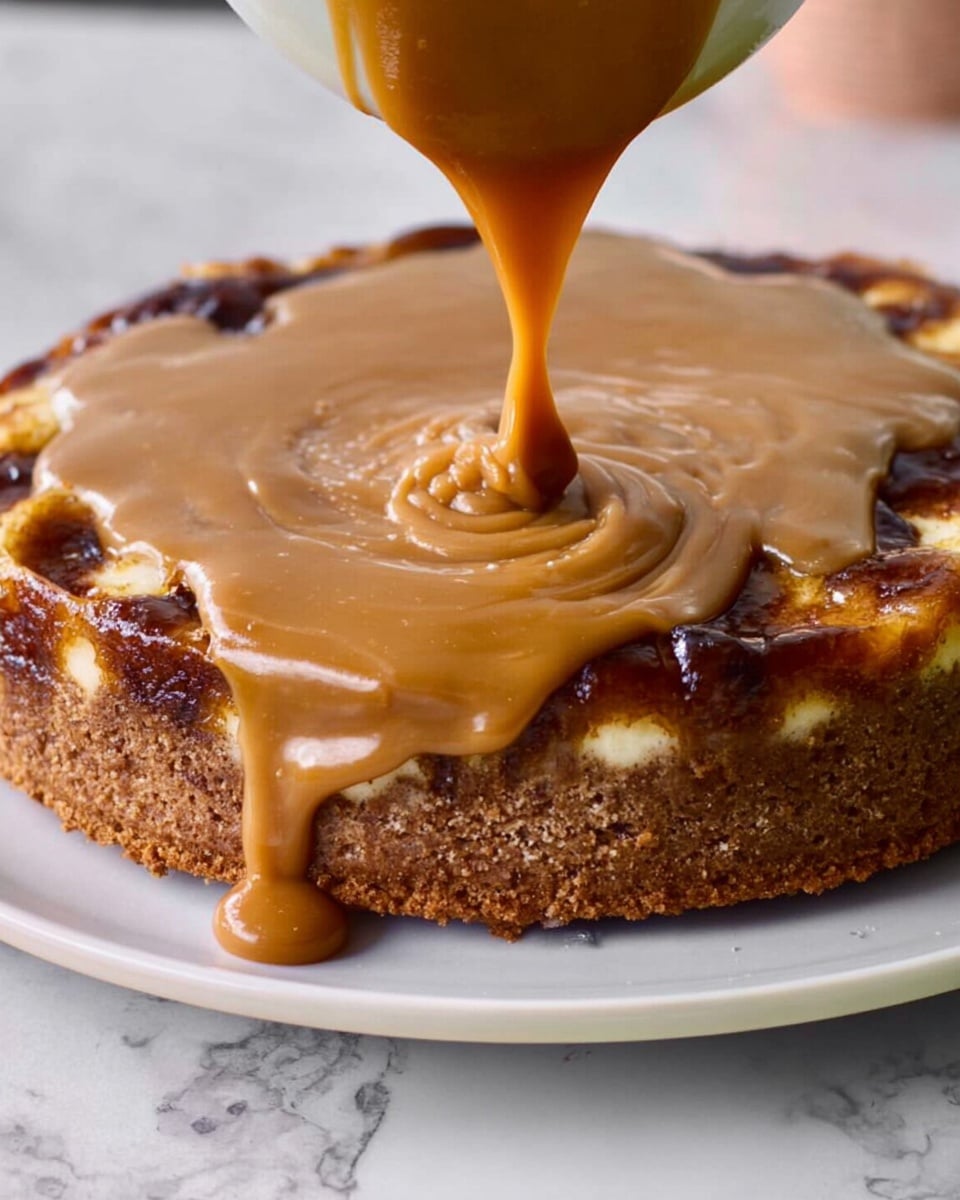 A close-up of a cake on a white plate placed on a white marbled surface. The cake has a rough, golden-brown outer edge with dark brown caramelized spots and visible layers beneath the surface. A thick, smooth, light brown sauce is being poured from above, creating swirling patterns as it covers the top of the cake. The sauce has a glossy texture and flows evenly over the uneven cake surface. A woman's hand holding the container from which the sauce pours is partially visible at the top. Photo taken with an iphone --ar 4:5 --v 7