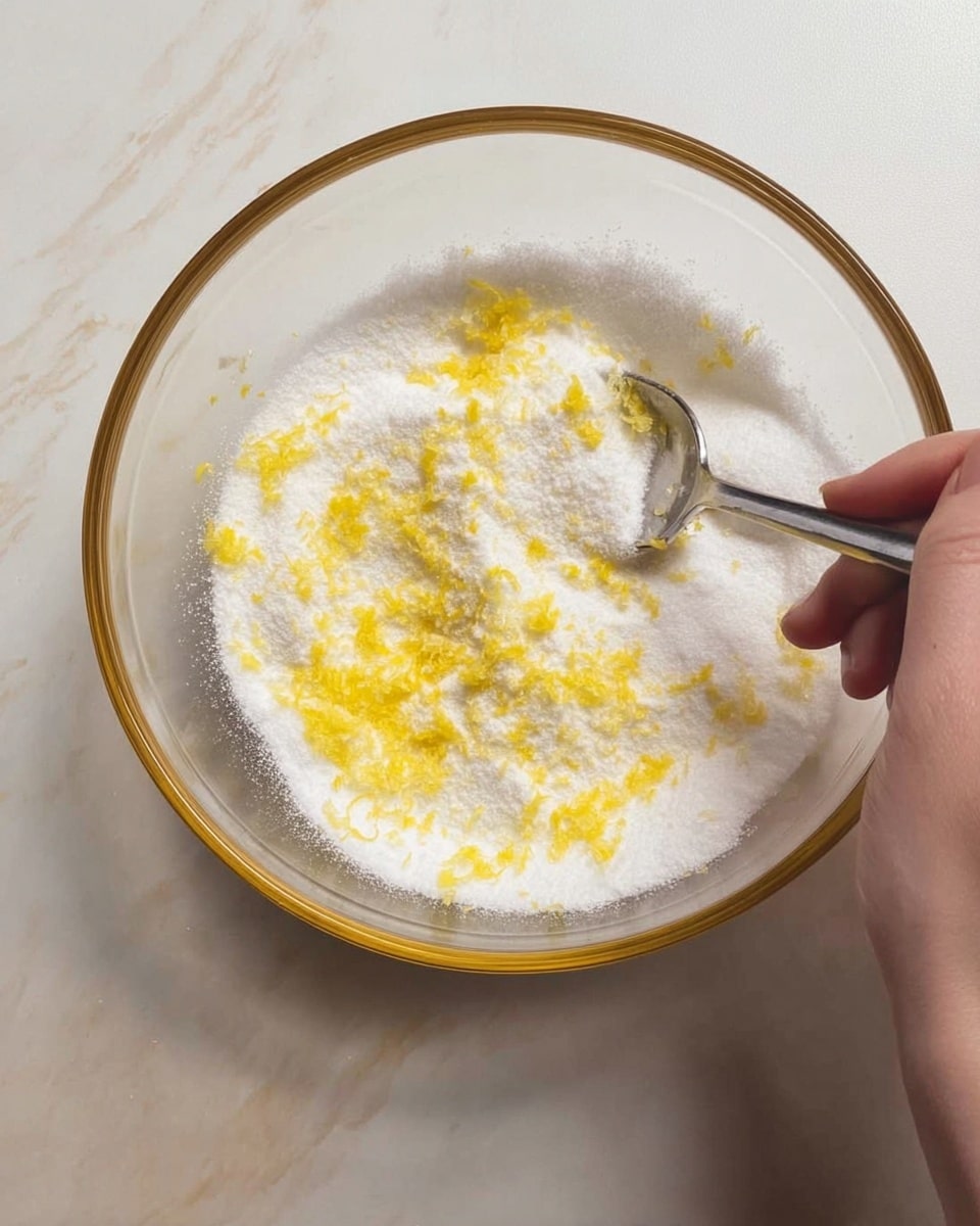 A clear glass bowl is shown from above, filled with a layer of fine white sugar mixed with small bright yellow lemon zest pieces scattered evenly across the surface. A metal spoon is partially visible stirring the mixture at the top right of the bowl. A woman's hand is seen gently holding the side of the bowl at the lower left. The bowl is placed on a white marbled texture surface. photo taken with an iphone --ar 4:5 --v 7