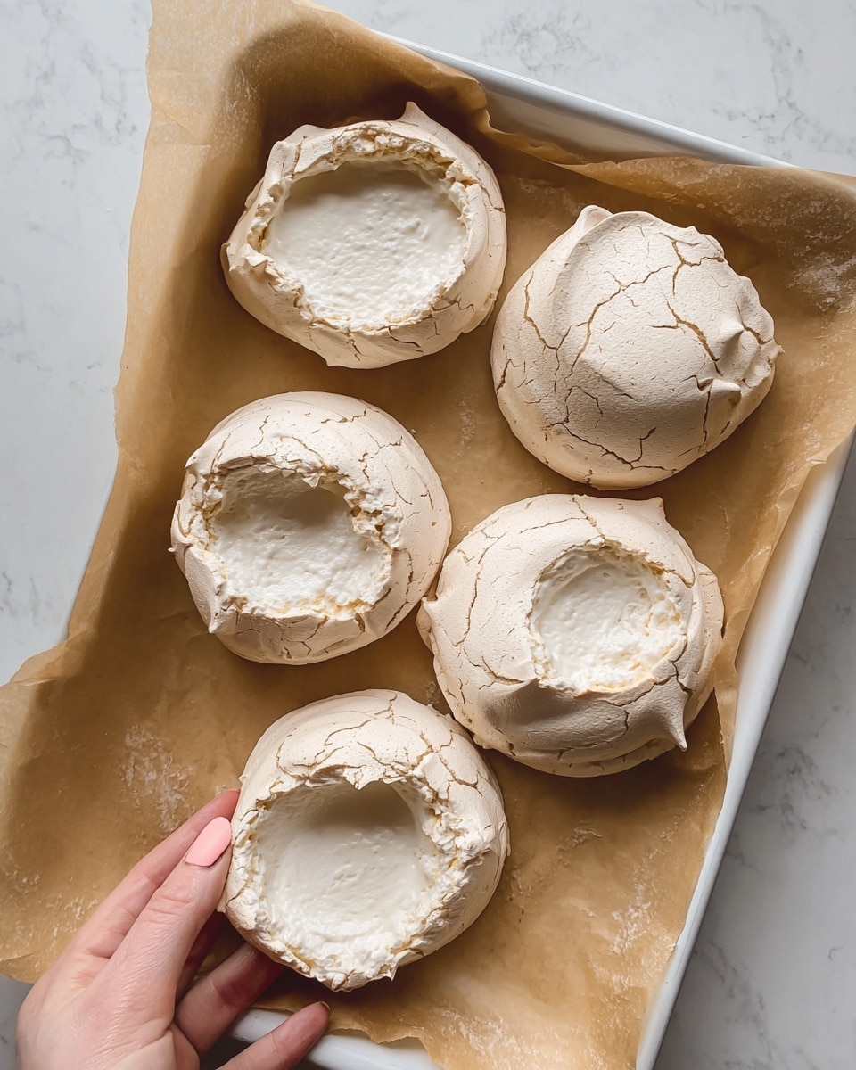The image shows five large, round meringue nests with a light beige color and a cracked, crisp texture on their surface. Each meringue has a hollow center surrounded by slightly raised, uneven edges, giving them a layered and airy appearance. They are placed on a sheet of brown parchment paper inside a white baking tray. A woman's hand with light pink painted nails is holding the corner of the tray. The background is a white marbled surface. Photo taken with an iphone --ar 4:5 --v 7