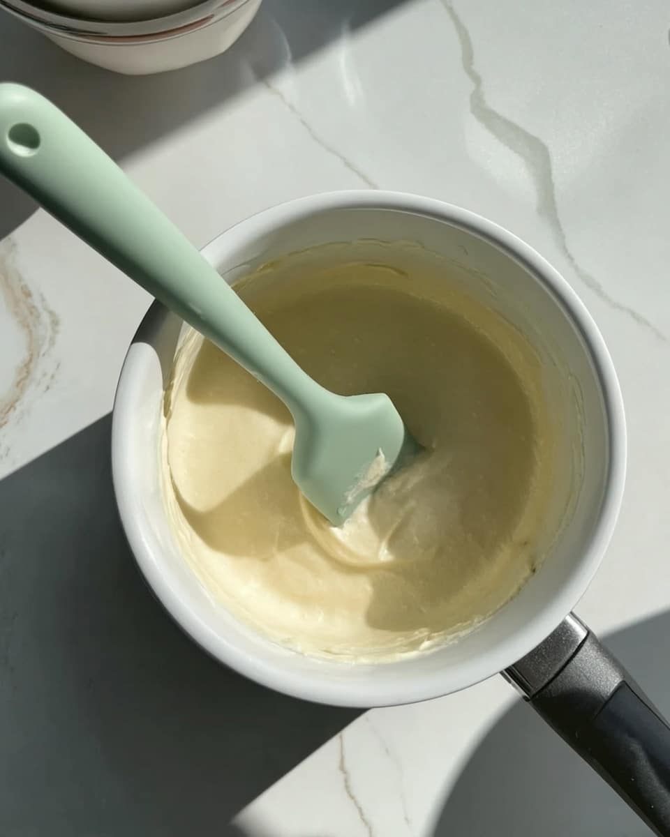 A white saucepan with a pale green spatula inside, holding a smooth, creamy, pale yellow mixture with a soft, thick texture. The pan is placed on a white marbled surface with bright natural light casting soft shadows. Photo taken with an iphone --ar 4:5 --v 7