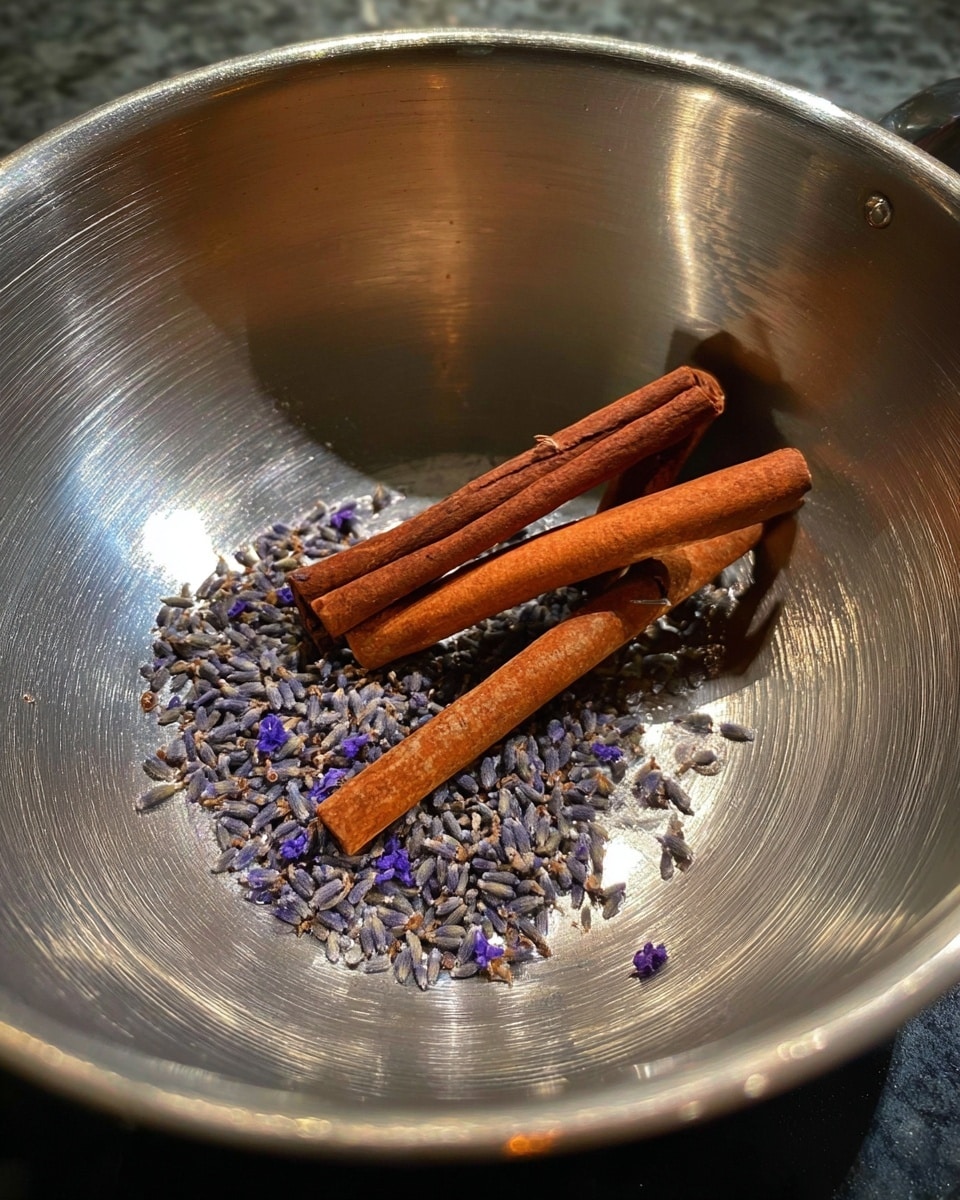 The image shows a close-up of a silver metal pot with three brown cinnamon sticks placed inside. Around the cinnamon sticks, there are small purple lavender buds scattered on the smooth metal surface at the bottom of the pot. The pot has a shiny, brushed texture with light reflections. Photo taken with an iphone --ar 4:5 --v 7