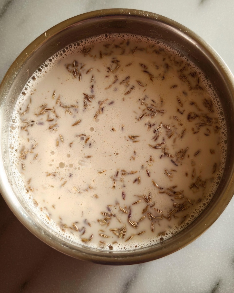 A close-up view of a silver metal pot filled with a creamy mixture. The liquid is light beige in color with many small cumin seeds scattered evenly throughout. The surface has a smooth texture, with some slight bubbles and a bit of froth around the edges where the mixture meets the sides of the pot. The pot is placed on a white marbled surface. photo taken with an iphone --ar 4:5 --v 7