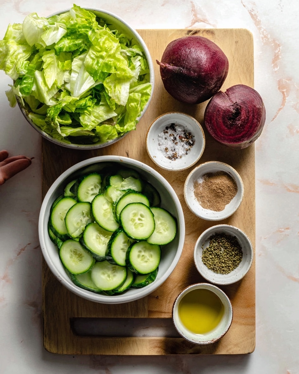 The image shows a white bowl filled with layers of sliced cucumber, each slice bright green with darker edges, placed at the bottom foreground. Above it and to the left, there is another white bowl filled to the top with fresh green lettuce, crisp and leafy. To the right of the lettuce bowl, two whole round dark red beets sit on a white marbled surface next to small white bowls containing brown powder, small green seeds, a golden yellow oil, and coarse salt with pepper. The bowls are arranged neatly on a light wooden cutting board, with a woman's hand reaching from the top left corner toward the lettuce. The entire setting is on a white marbled texture, creating a clean, fresh look. Photo taken with an iphone --ar 4:5 --v 7