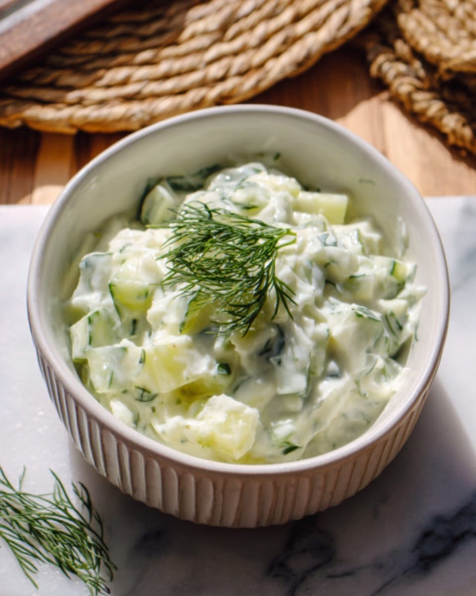 A white bowl with ridged edges filled with a creamy mixture of light green and white, containing small pieces of cucumber and herbs. On top, a sprig of fresh dill adds a bright green color. The bowl sits on a white marbled surface, and part of a woven basket is visible in the background. Photo taken with an iphone --ar 4:5 --v 7