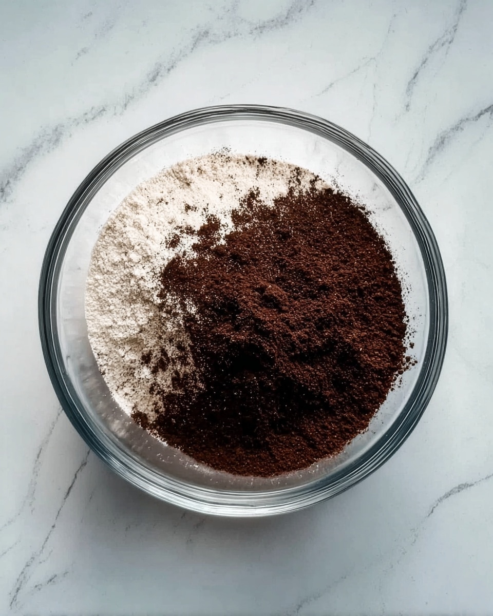 A clear glass bowl sits on a white marbled surface, filled with two layers of powder. The bottom layer is a fine white powder, while the top layer is a darker brown powder, loosely spread and showing some texture. The bowl is round and transparent, clearly showing the contrast between the two powders inside. Photo taken with an iphone --ar 4:5 --v 7