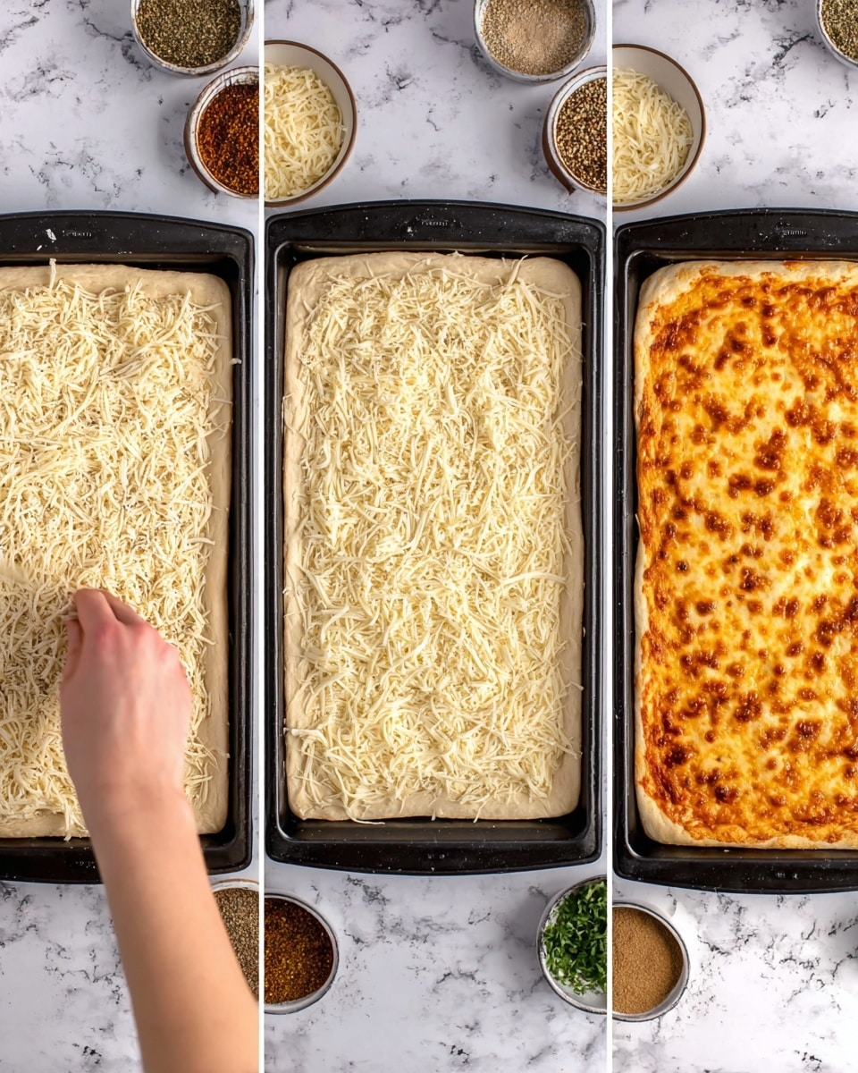 The image shows three stages of making a rectangular pizza in a black baking tray on a white marbled surface. The first stage on the left has a woman's hand sprinkling shredded cheese over a pale dough base, leaving edges clear. The middle stage shows the same pale dough fitted inside the tray, fully covered with an even layer of shredded cheese, no hand visible. The last stage on the right shows the pizza baked, with a golden brown crust edge, the cheese melted and bubbling with small crispy brown spots all over. Around the tray are small bowls with grated cheese, spices, and herbs visible. Photo taken with an iphone --ar 4:5 --v 7