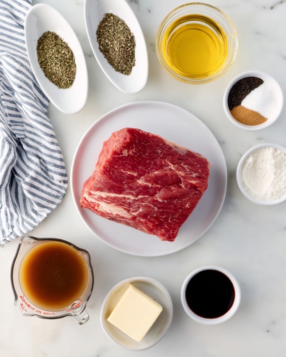 On a white plate at the center, there is a raw piece of red meat with light marbling. Around it on a white marbled surface are several small white bowls and containers: two oval bowls at the top hold dry spices in separate compartments—one has a greenish herb mix and the other has a trio of spices in black, white, and red. A small glass container holds a yellow liquid, probably oil, above the meat. Below the meat, there is a measuring cup filled with a brown liquid sauce, next to it a small white bowl with a square of pale butter, a small round dish with dark liquid, another bowl with white powder, and a tiny bowl with a very dark thick liquid. A striped white and blue cloth is partially visible on the left side. The photo is taken with an iphone --ar 4:5 --v 7