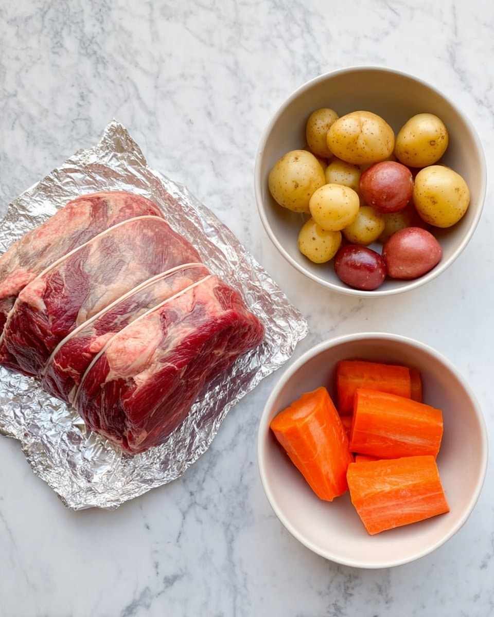 The image shows two parts: on the left, there is a raw tied piece of beef with red and pink meat colors resting on shiny silver foil on a white marbled surface; on the right, there are two white bowls sitting on a white marbled surface, the larger bowl holds small round yellow and red potatoes, and the smaller bowl contains several thick, orange carrot pieces. photo taken with an iphone --ar 4:5 --v 7