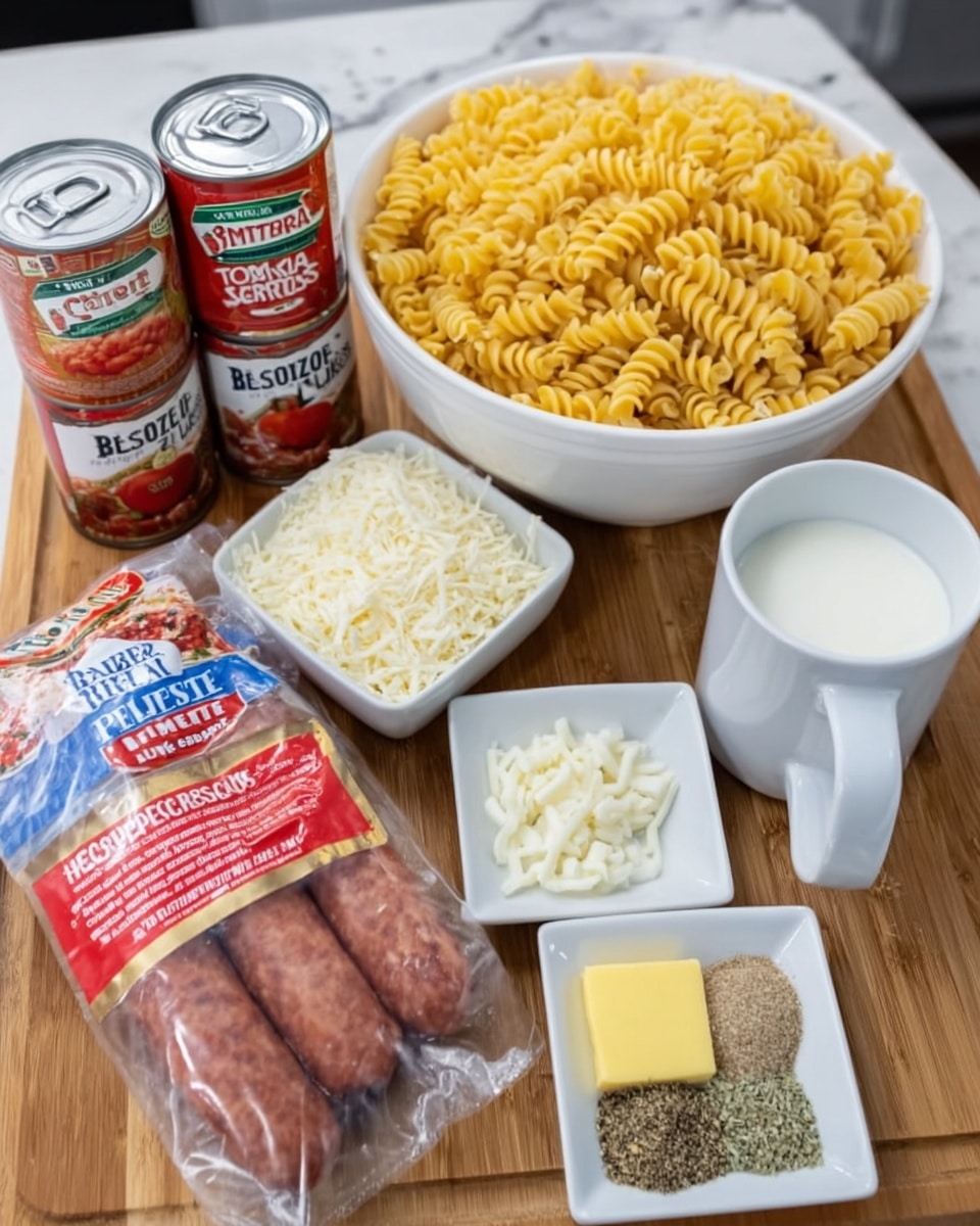 The image shows a collection of ingredients arranged on a wooden table with a white marbled background. At the back center is a large white bowl filled with uncooked rotini pasta, yellow and curly in shape. To the left of the bowl, there are three cans stacked, two labeled tomato sauce and one tomato paste. In front of the cans, there is a white cup with a black handle filled with white milk. On the right side, a white plate holds three small white dishes: one square dish filled with shredded white cheese, a small bowl of minced garlic, and a small square of yellow butter. On the left foreground, there is a square white dish with three piles of spices that appear to be garlic powder, black pepper, and dried herbs. At the very front center of the image, a package of two brown sausages labeled 