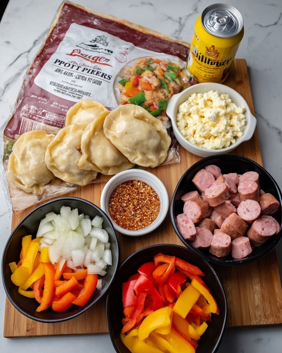 The image shows a wooden board with a white marbled surface behind it. On the board are four items: a large brown and white plastic package of potato and onion pierogies showing three pierogies on a white plate with some green vegetables, a small white bowl containing crumbled cheese, a black bowl filled with sliced sausage pieces in a pinkish color, and another black bowl with mixed chopped vegetables including white onions, red bell peppers, orange bell peppers, and yellow bell peppers. In front of the board is a small white bowl of a spice mix with reddish-brown specks. Behind the package and bowls is a yellow can of beer. photo taken with an iphone --ar 4:5 --v 7