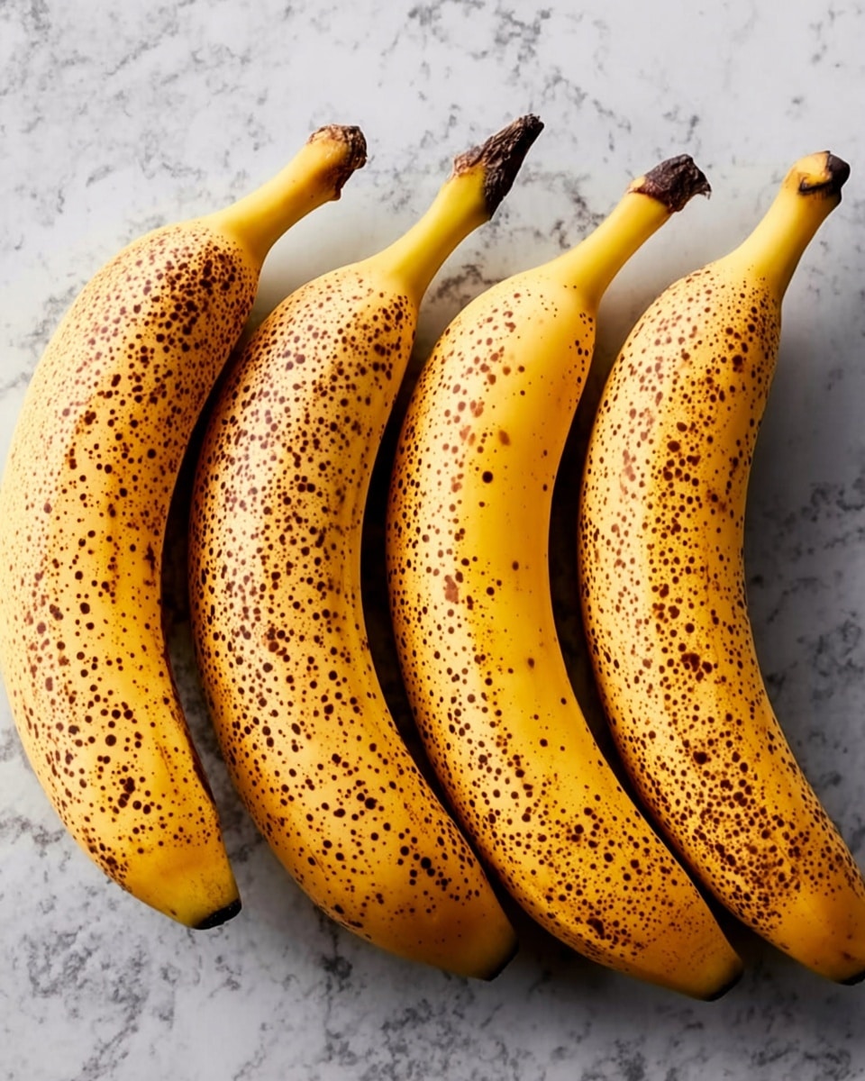 The image shows four ripe bananas placed side by side on a white marbled surface. Each banana is yellow with many small brown spots scattered evenly across the peel, indicating ripeness. The bananas are aligned in a neat row, with their curved sides facing the same way and their stems pointing upward. The focus is clear, highlighting the texture and color details of the bananas. Photo taken with an iphone --ar 4:5 --v 7