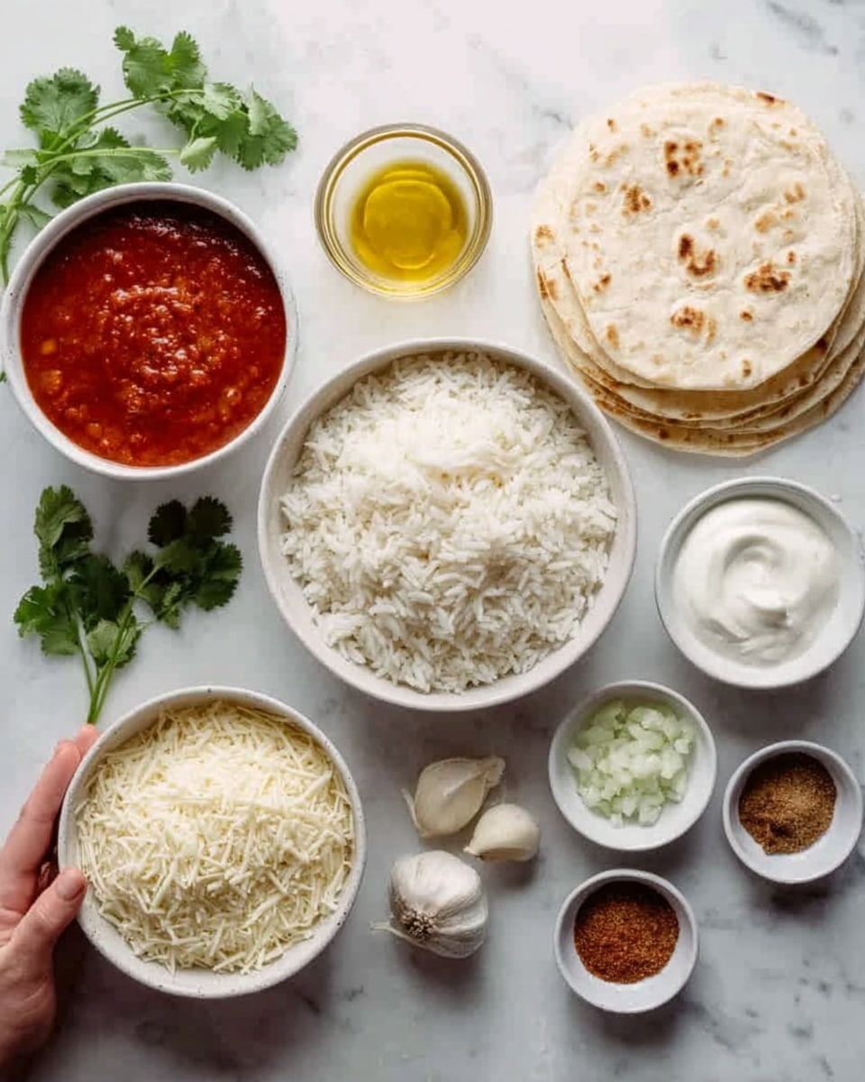 A white marble surface holds several white bowls and small containers arranged neatly. One bowl contains cooked white rice with separated grains, another bowl has smooth red tomato sauce, and a small container holds clear golden olive oil. There is a white bowl filled with shredded white cheese, next to a stack of white tortillas slightly browned on top, arranged to the right. Small bowls contain white sour cream, finely chopped white onions, and green cilantro leaves. Garlic cloves and small spice containers with brownish and reddish powders are also placed around. A woman's hand lightly touches the edge of the rice bowl. Photo taken with an iphone --ar 4:5 --v 7