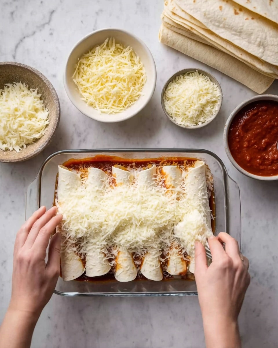 The image shows a clear glass baking dish on a white marbled surface. Inside the dish, there are three rolled tortillas lined up side by side, topped with a thick layer of melted cheese that is white and stringy. A woman's hands are spreading the cheese evenly over the tortillas. Around the dish, there are three white bowls: one with shredded cheese, one with grated white cheese, and one with red sauce. A stack of rolled white tortillas is placed near the top of the image. The whole scene looks bright and fresh, with a focus on the preparation of a cheesy tortilla dish. photo taken with an iphone --ar 4:5 --v 7