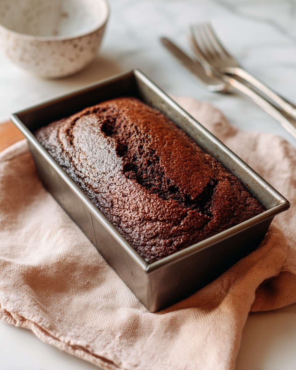 A rectangular, dark brown baked loaf with a rough, slightly cracked texture on top sits inside a metal baking pan. The pan is resting on a soft, peach-colored cloth, all placed on a white marbled surface. To the side, a couple of silver forks and a white speckled ceramic bowl appear partially in the frame. The loaf looks dense and moist with an uneven surface. photo taken with an iphone --ar 4:5 --v 7