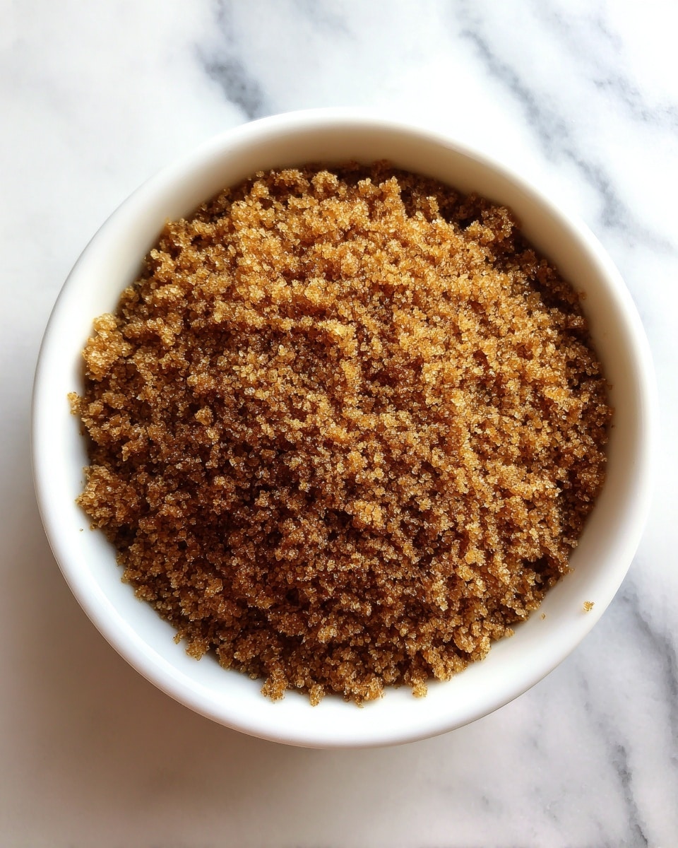 A close-up image of a white bowl filled with a layer of crumbly brown sugar mixture, showing small clumps and fine grains evenly spread inside the bowl. The bowl sits on a white marbled surface, highlighting the texture and color of the sugar crumbs. Photo taken with an iphone --ar 4:5 --v 7