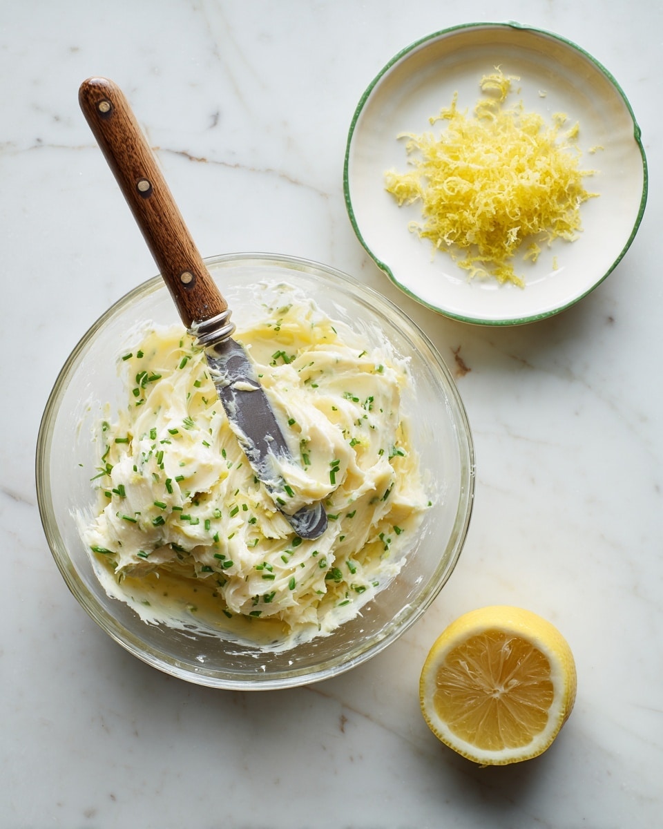 A clear glass bowl is placed on a white marbled surface filled with a creamy white spread mixed with small green herb bits, with a vintage wooden-handled butter knife resting on top, its blade smeared with the spread. To the upper right, a small white plate with green rim holds a pile of finely grated bright yellow lemon zest. Below the plate, there is a half lemon, peeled and squeezed, showing its moist interior with some texture details. photo taken with an iphone --ar 4:5 --v 7