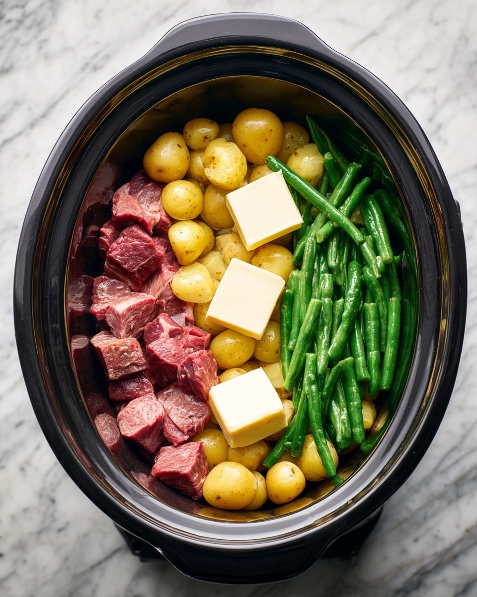 A black slow cooker filled with three layers of food: the bottom layer shows chunks of raw meat peeking through, the middle layer has whole small yellow potatoes scattered evenly, and the top layer is covered with bright green cut green beans. On top of the green beans, there are two small squares of butter placed near the center. The cooker sits on a surface with a white marbled texture photo taken with an iphone --ar 4:5 --v 7