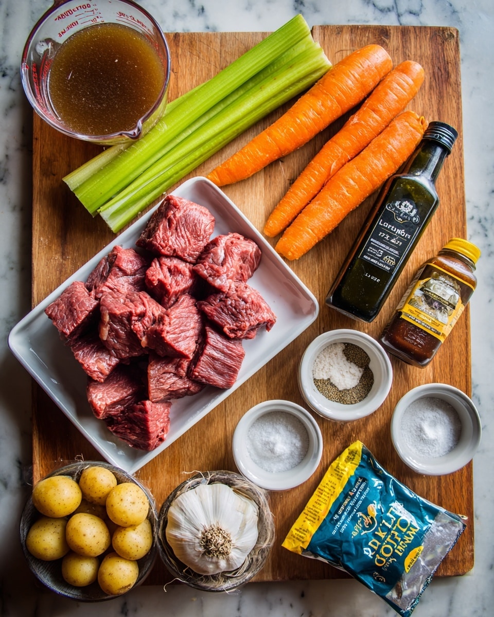 The image shows a wooden surface holding various cooking ingredients arranged neatly. In the center, there is a white tray filled with raw, red beef chunks. Above it, there are three whole orange carrots and one celery stalk placed together horizontally. To the left of the meat, a clear measuring cup filled with brown liquid sits, partially visible. Below the cup, a tall dark green bottle of olive oil stands upright. To the right of the meat, small white bowls hold coarse salt mixed with ground spices, a whole white garlic bulb, and white flour. Further right, a crumpled bottle of brown Worcestershire sauce and a small yellow tube of mustard are nearby. At the bottom, a mesh bag filled with small yellow potatoes rests, and next to it, a blue packet of Lipton onion soup mix is positioned. The background is a white marbled surface. photo taken with an iphone --ar 4:5 --v 7