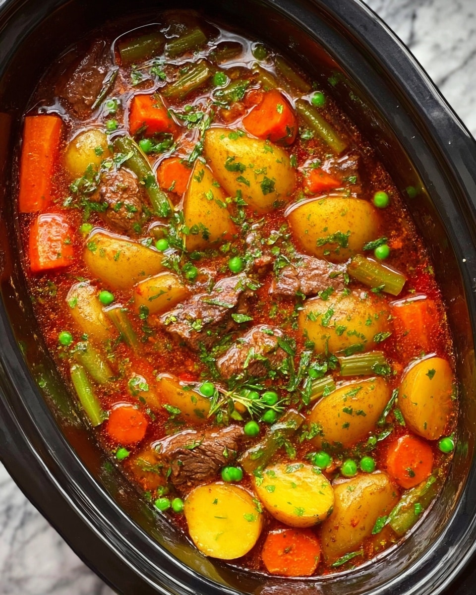 The image shows a cooking pot filled with a stew featuring several layers. The base layer is a rich brown broth with a slightly oily surface. Floating in the broth are slices of round yellow potatoes, small bright orange carrot pieces cut into short sticks, and light green celery sticks. Scattered throughout the stew are small green peas adding pops of color. There are also chunks of brown cooked meat evenly spread across the surface. The pot is black and oval-shaped, placed on a white marbled table. photo taken with an iphone --ar 4:5 --v 7