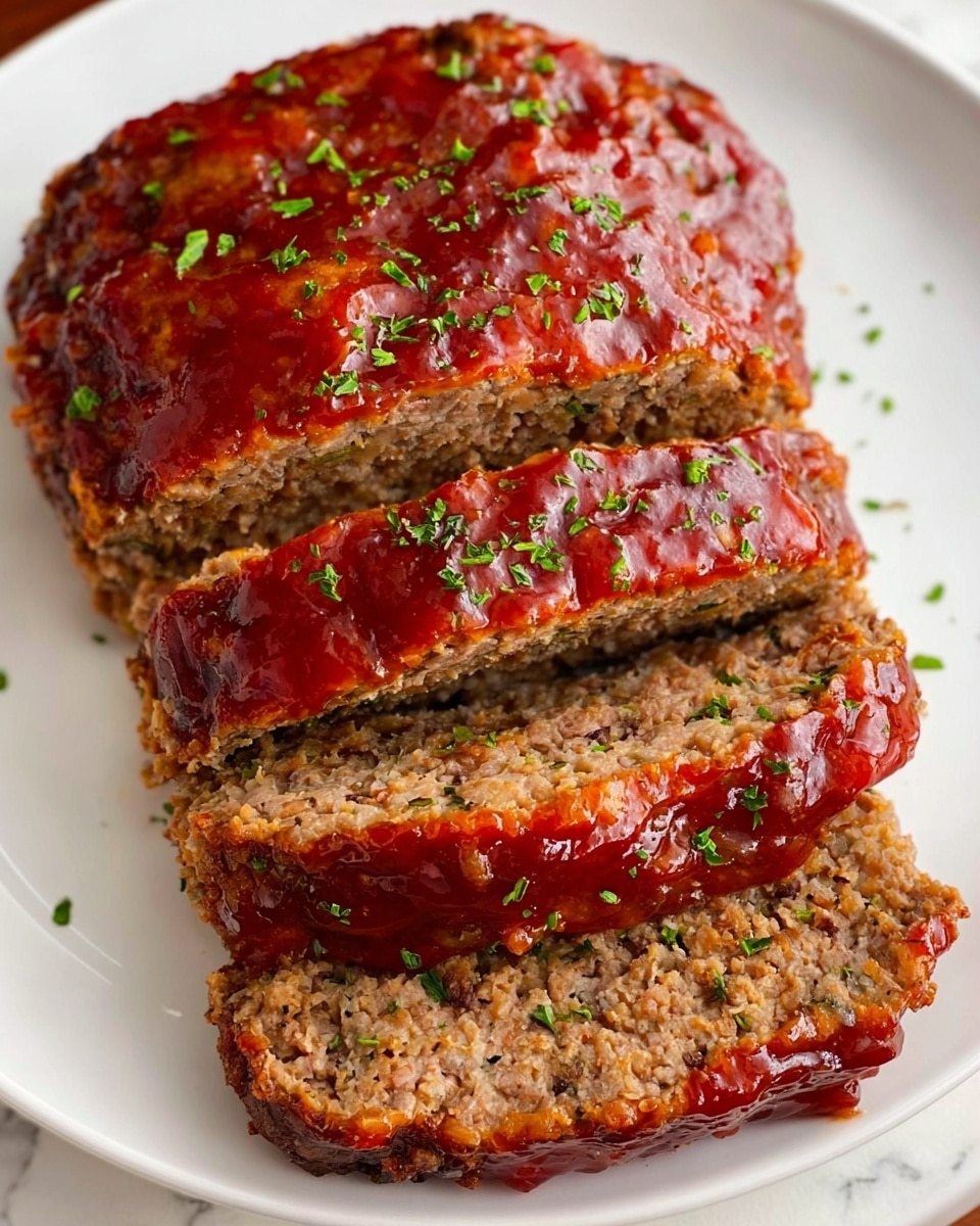 A white plate holds a sliced meatloaf with five thick slices shown, the meatloaf has a brown, textured inside with bits of herbs visible and is topped with a shiny, reddish glaze sprinkled lightly with green herbs. The slices are arranged slightly overlapping in the center of the plate. The background is a white marbled texture. Photo taken with an iphone --ar 4:5 --v 7