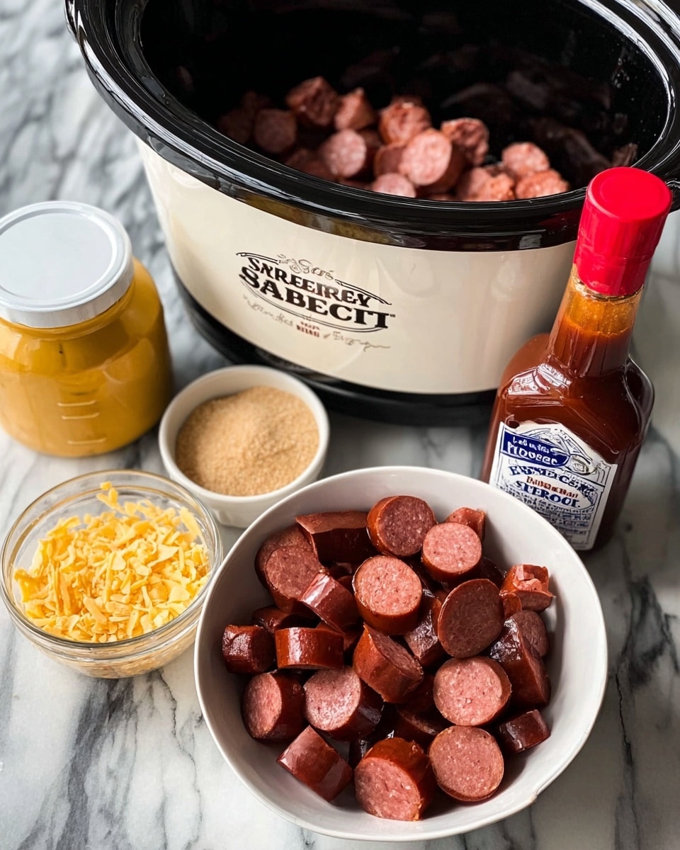 The image shows a black and white slow cooker on a white marbled surface. In front of it, there is a white bowl filled with cut pieces of reddish-brown sausage. Next to the bowl, there is a small white bowl containing light yellow flakes, and beside it is a small, open container filled to the top with brown sugar. On the right side, there is a bottle of barbecue sauce with a red cap and a white label with blue text. To the left, there is a jar of yellow mustard with a white lid. Photo taken with an iphone --ar 4:5 --v 7