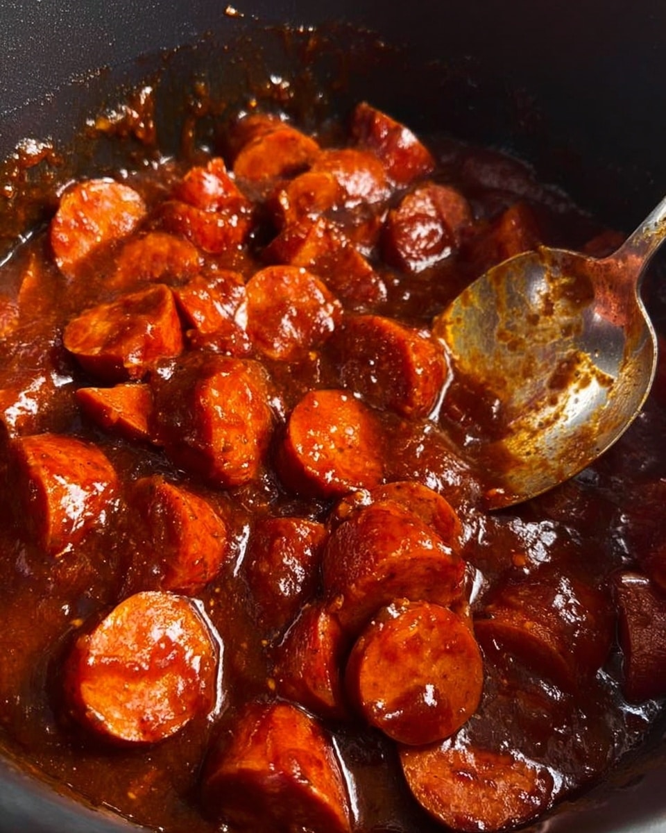 The image shows chunks of reddish-orange sausage pieces coated in a thick, dark reddish-brown sauce inside a black pot. A silver spoon is partially dipped into the sauce on the right side, with the handle sticking out, showing some of the sauce on its surface. The sausage pieces are unevenly cut, with some showing smooth, moist interiors. The overall texture looks rich and saucy, with light reflecting off the shiny sauce. The photo taken with an iphone --ar 4:5 --v 7