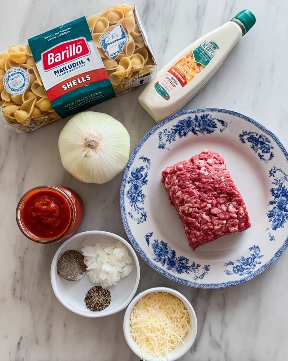 The image shows ingredients for a pasta dish arranged on a white marbled surface. There is a box of 
